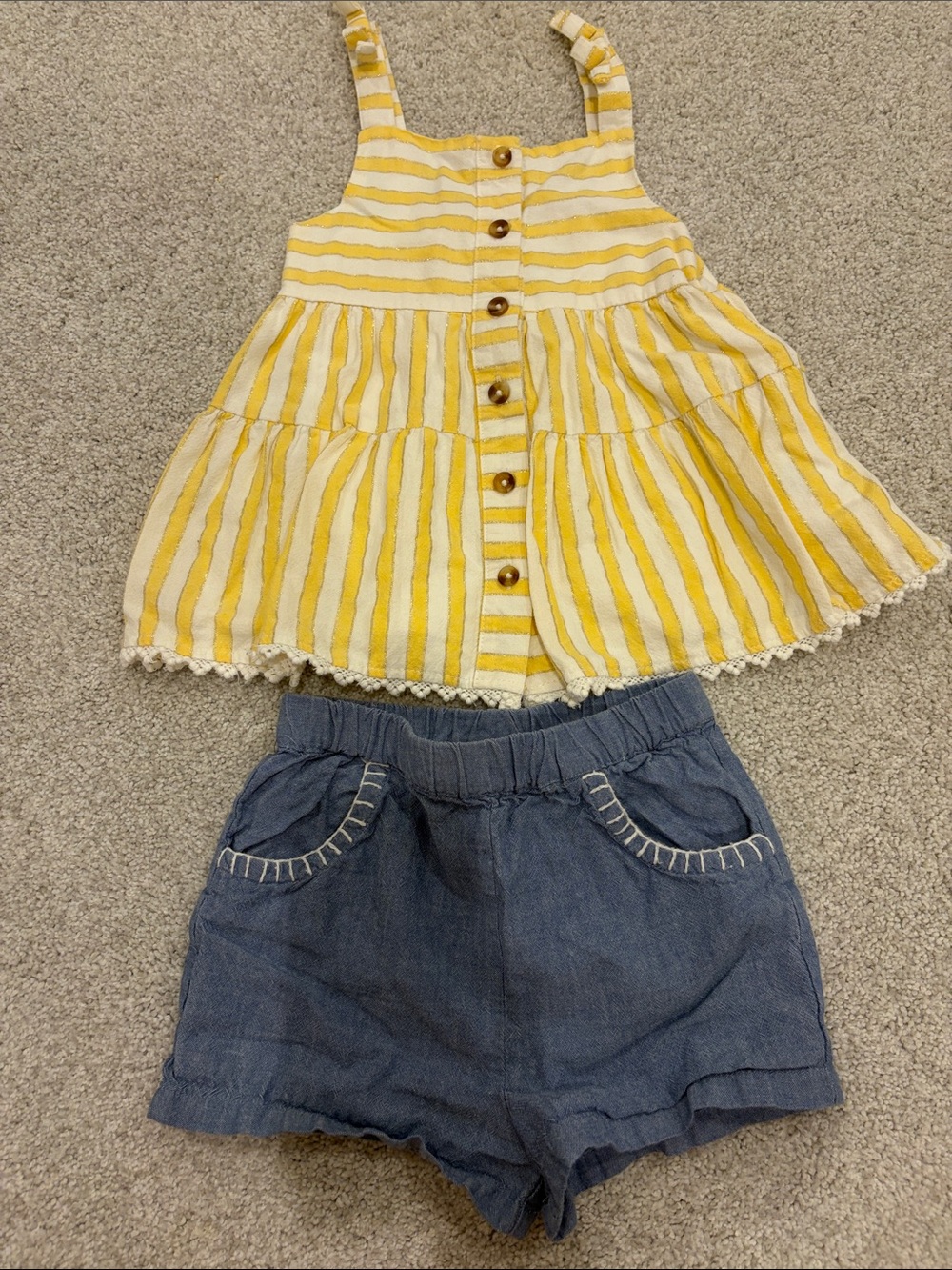 Max Studio Yellow White Striped Sundress Top with Blue Shorts